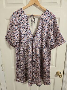 Lulu's Pink Blue Floral V-Neck And Back Mini Dress Size XL